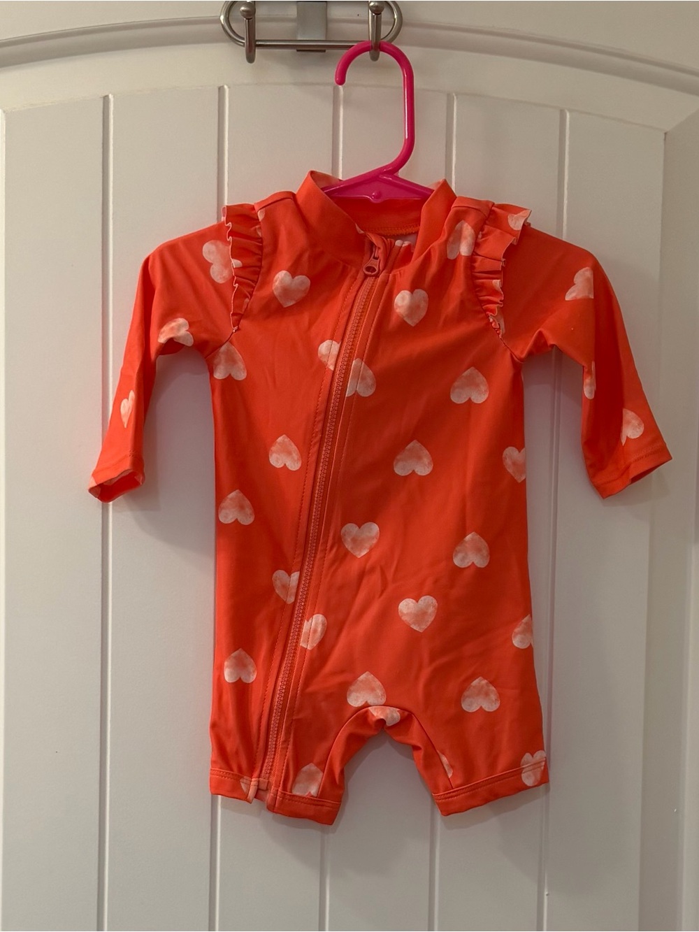 Coral and Cream Heart Print Long Sleeve Kids Rashguard Swim One-Piece